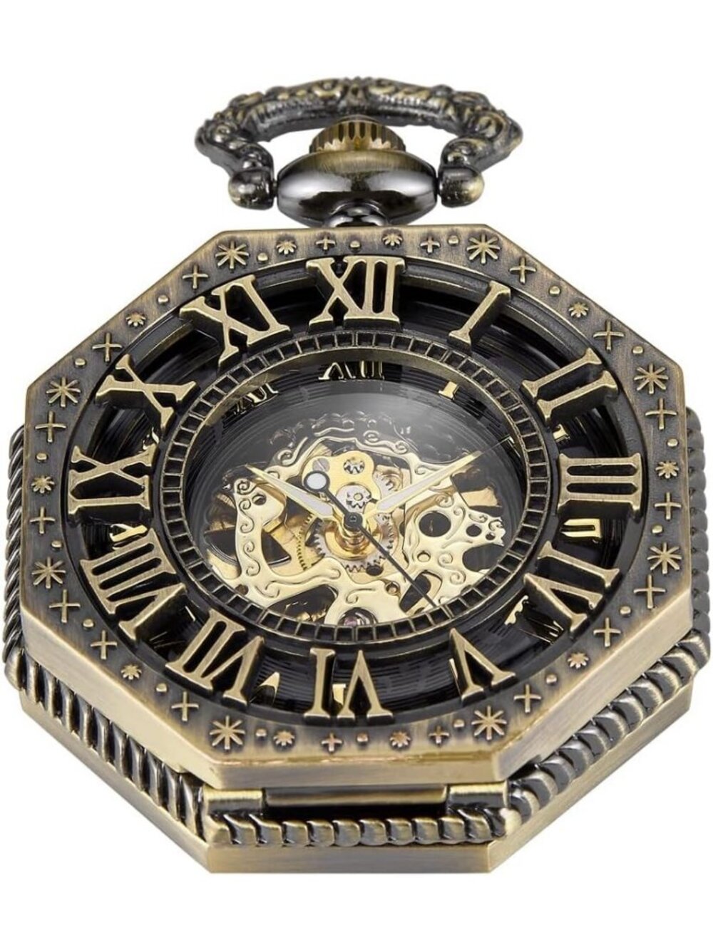 Men Black Retro Skeleton Roman Numerals Hollow Mechanical Octagonal Pocket Watch